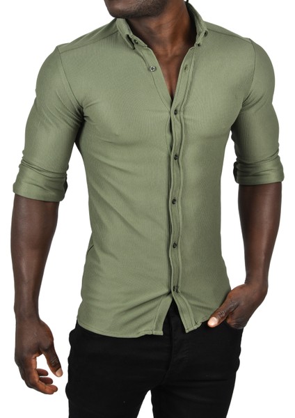 Likralı Kumaşı Fitilli Slim Fit Uzun Kollu Gömlek 2500805