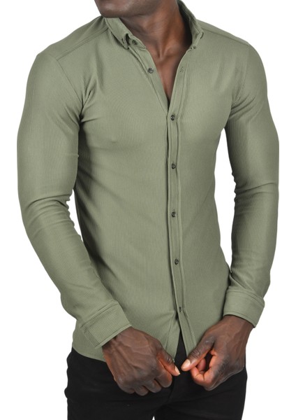 Likralı Kumaşı Fitilli Slim Fit Uzun Kollu Gömlek 2500805