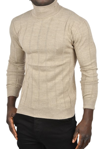 Slim Fit Likralı Tam Balıkçı Yaka Çizgili Boğazlı Kazak 2505504