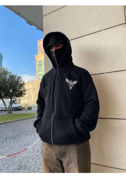 Samuray Kapüşonlu Zıp Fermuarlı Kapüşonlu Sweatshirt - Siyah indirimleri
