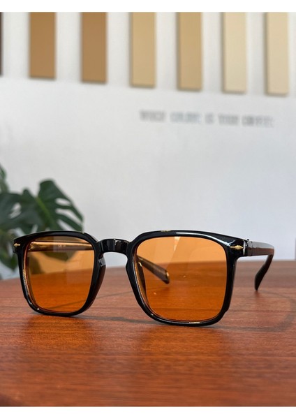 Turuncu Camli Siyah Çerçeveli Köşeli Unisex Güneş Gözlüğü Hit Model modelleri