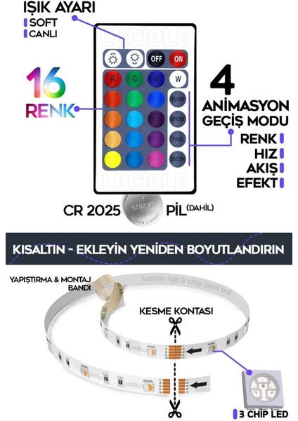 5 mt Şerit LED Animasyonlu Tak Çalıştır Kumandalı Rgb Işık Duvar Aydınlatma Ambiyans Lambader