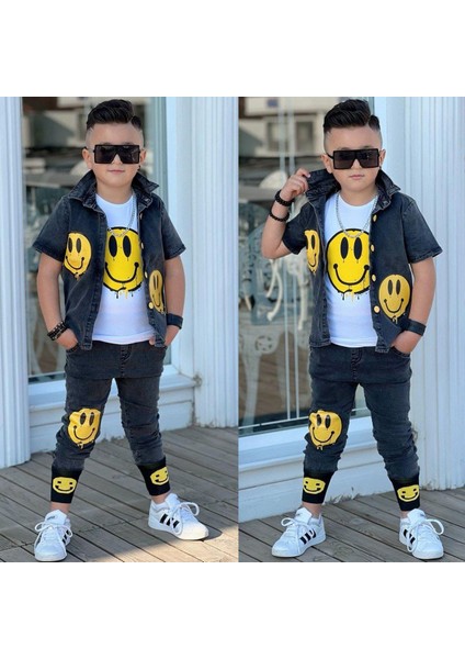 Emoji Baskılı Kot Ceket Baskılı Kot Pantolon Baskılı Badi 3'lü Takım fiyatları