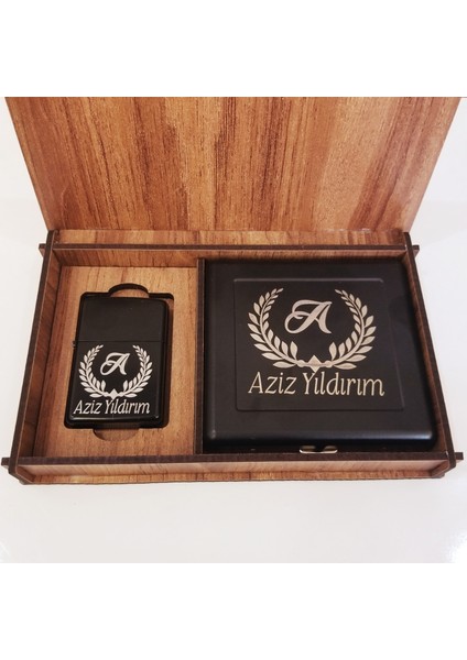 Kişiye Özel Ahşap Kutulu Metal Çakmak & Sigara Tabakası