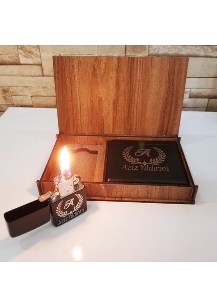 Kişiye Özel Ahşap Kutulu Metal Çakmak & Sigara Tabakası
