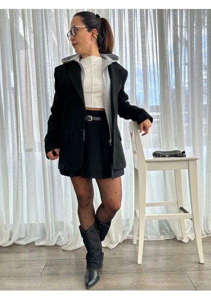 Lutve Oversıze Blazer Premıum Kapüşonlu Siyah Ceket