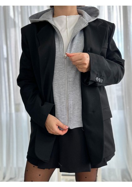 Lutve Oversıze Blazer Premıum Kapüşonlu Siyah Ceket modelleri