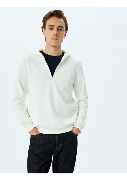 Kapşonlu Pamuk Karışımlı Yarım Fermuarlı Sweatshirt