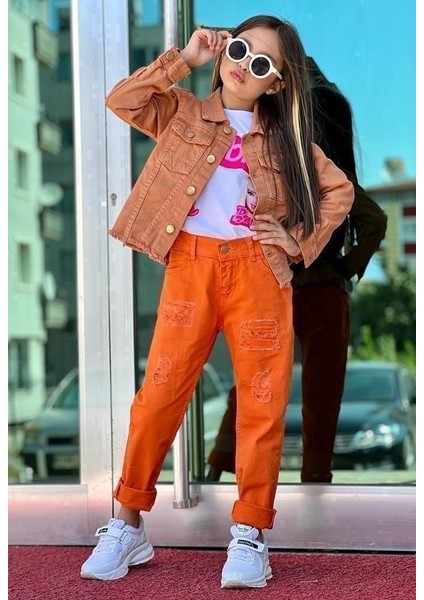 Kız Çocuk Kot Ceket Kot Pantolon Baskılı Tişört 3'lü Kombin fiyatları