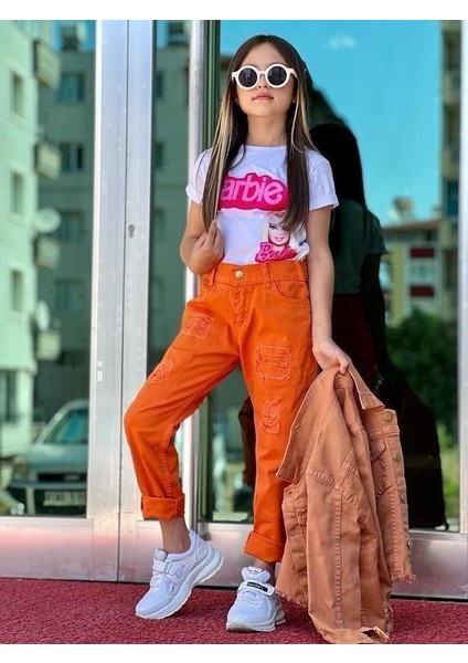 Kız Çocuk Kot Ceket Kot Pantolon Baskılı Tişört 3'lü Kombin modelleri