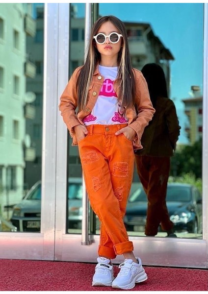 Kız Çocuk Kot Ceket Kot Pantolon Baskılı Tişört 3'lü Kombin fırsatları