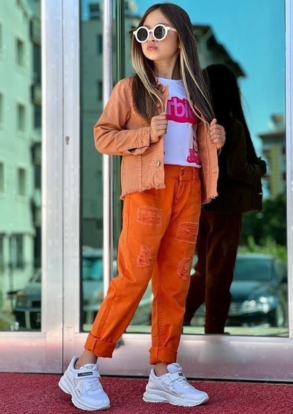 Kız Çocuk Kot Ceket Kot Pantolon Baskılı Tişört 3'lü Kombin indirimleri