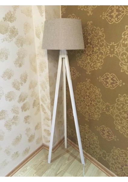 Bej Lambader Ahşap Lambader 3 Ayaklı Kumaş Konik Başlık Bej Beyaz Ayak L337