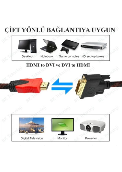 HDMI To DVI 24+1 Çevirici Dönüştürücü Monitör Kablosu 1.5 Metre Dual Link Dvı-D (24+1) Konnektörlü