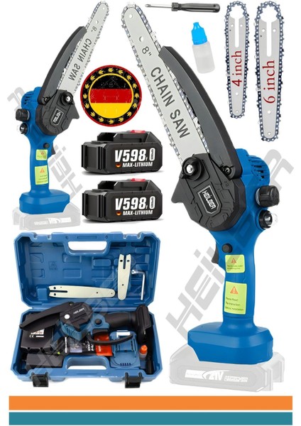 Alman V598 25CM Blue Zincir Yağlamalı Çift Akülü Budama Testeresi Şarjlı Ağaç Dal Kesme Testeresi