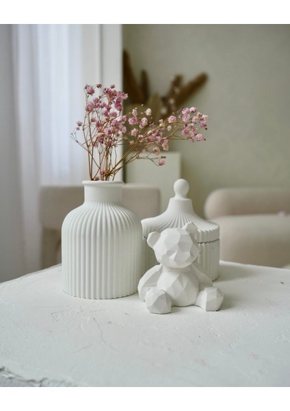 Dekoratif Beton Vazo, Kapaklı Kutu ve Ayı Kitap Tutucu 3’lü Set