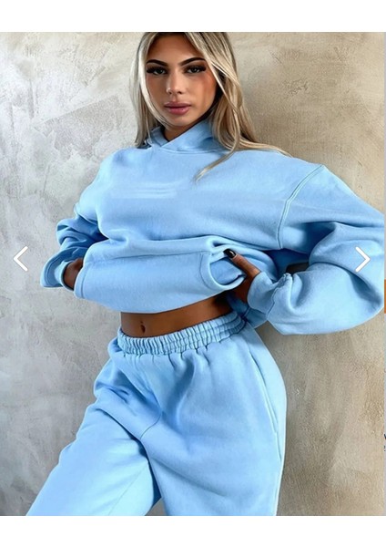 Kadın Oversize Geniş 3 Iplik Polarlı Şardonlu %100 Pamuk. Bebe Mavi. Kapüşonlu Eşofman Takımı modelleri