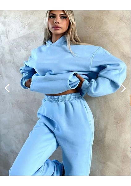 Kadın Oversize Geniş 3 Iplik Polarlı Şardonlu %100 Pamuk. Bebe Mavi. Kapüşonlu Eşofman Takımı modelleri