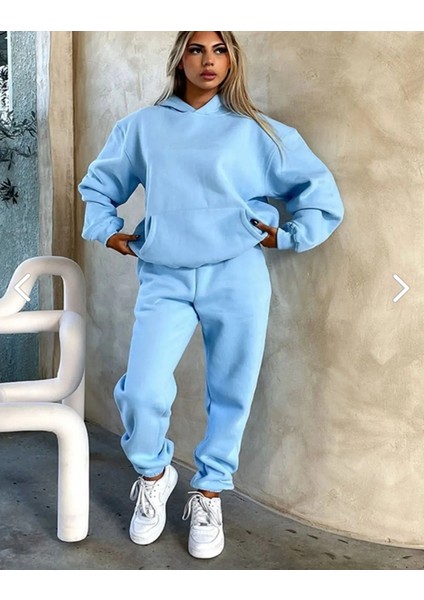 Kadın Oversize Geniş 3 Iplik Polarlı Şardonlu %100 Pamuk. Bebe Mavi. Kapüşonlu Eşofman Takımı fırsatları