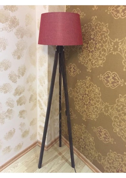 Ahşap Lambader Üç Ayaklı Abajur Kumaş Lamba Bordo Ceviz