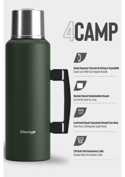 4 Camp Klasik Vakumlu Kulplu Çelik Termos 1.5 Lt. Green ST-206