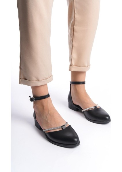 Kadın Emil Shoes Siyah Cilt Taş Detaylı Yanları Açık Babet Ayakkabı modelleri