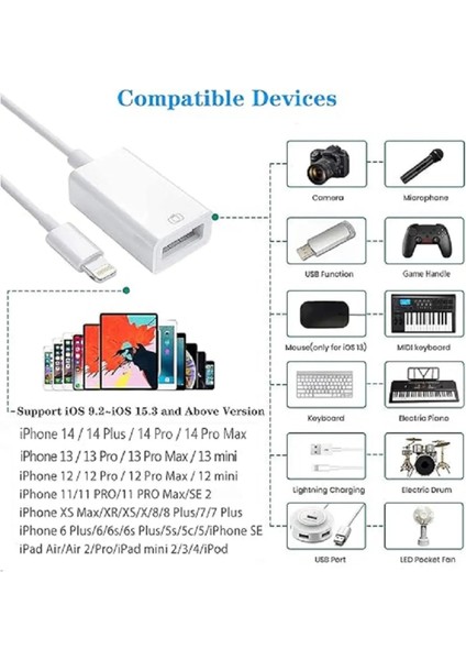 Iphone Lightning USB Ipad Iphone Için 15 14 13 12 11 Pro x Xr 8 7 Otg Kablo Veri Aktarma USB Cihazı