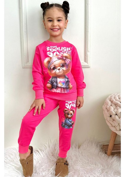 Pjk2i Süslü Ayıcık Desenli Fuşya 2 İp Pamuk Kız Çocuk Eşofman Takımı 3-10 Yaş 7407-F
