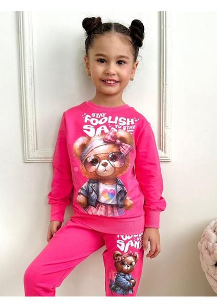 Pjk2i Süslü Ayıcık Desenli Fuşya 2 İp Pamuk Kız Çocuk Eşofman Takımı 3-10 Yaş 7407-F fiyatları