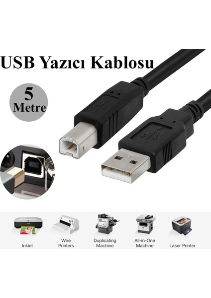 Yazıcı Kablosu Ara Printer USB Bağlantı Bağlama Kablo Network Lazer Hp Canon Brother Kablosu 5 Metre