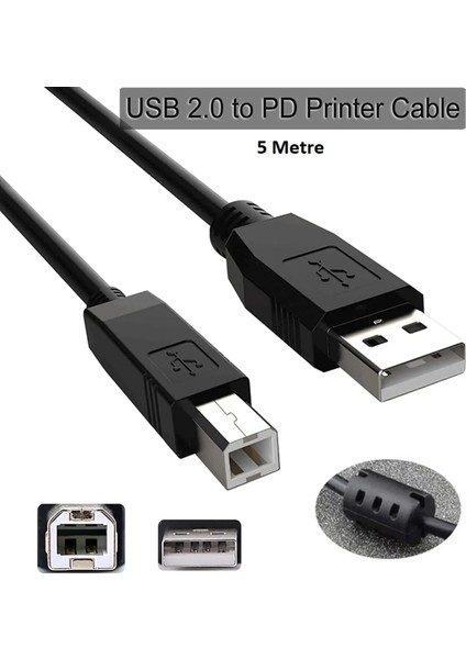 Yazıcı Kablosu Ara Printer USB Bağlantı Bağlama Kablo Network Lazer Hp Canon Brother Kablosu 5 Metre