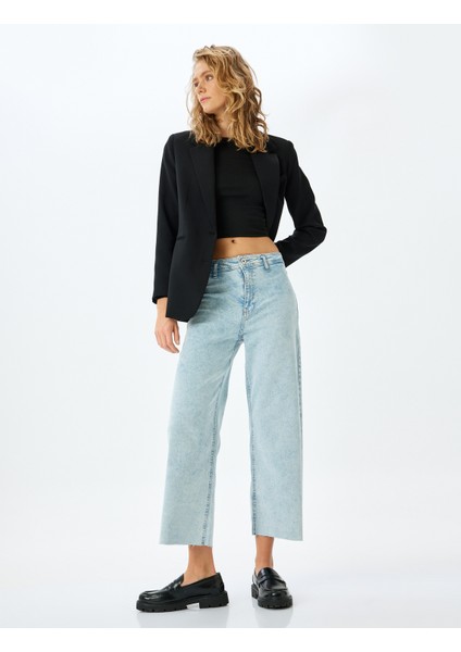 Yüksek Bel Kesik Paça Düğmeli Denim Pantolon - Culotte Jean