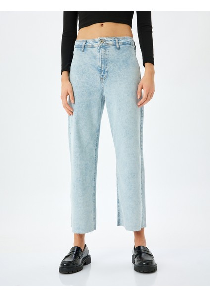 Yüksek Bel Kesik Paça Düğmeli Denim Pantolon - Culotte Jean
