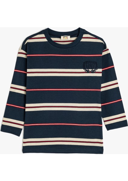 Çizgili Uzun Kollu Pamuklu Bisiklet Yaka Oversize Tişört