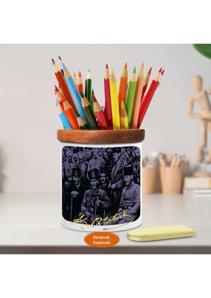 Mustafa Kemal Atatürk Ahşap Seramik Kalemlik - S208