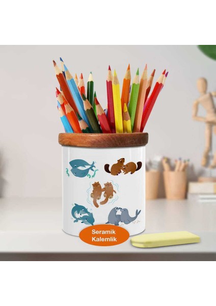 Mutlu Aile Hayvanlar Ahşap Seramik Kalemlik - 2147754135