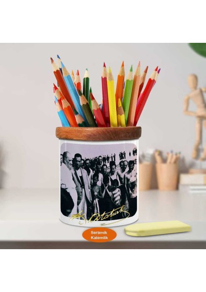 Tatilde Mustafa Kemal Atatürk Ahşap Seramik Kalemlik - S88 fiyatları