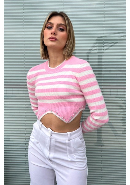 Kadın Çizgili Crop Kazak 6611