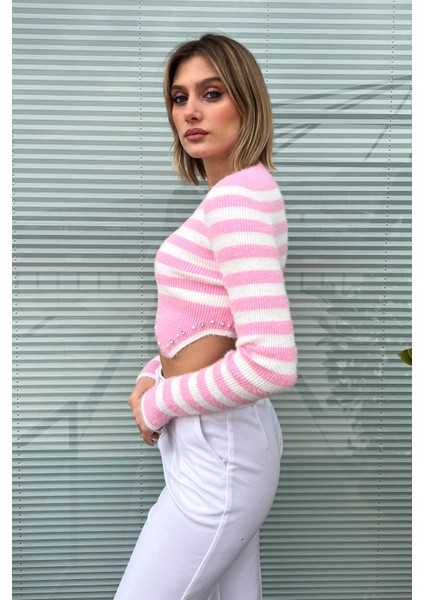 Kadın Çizgili Crop Kazak 6611 modelleri