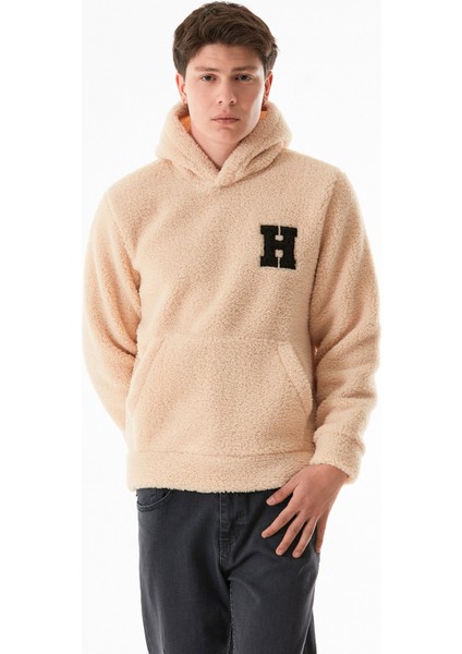 H Harf Nakışlı Kapüşonlu Kanguru Cepli Peluş Sweatshirt