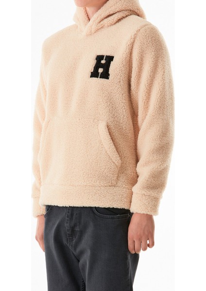 H Harf Nakışlı Kapüşonlu Kanguru Cepli Peluş Sweatshirt