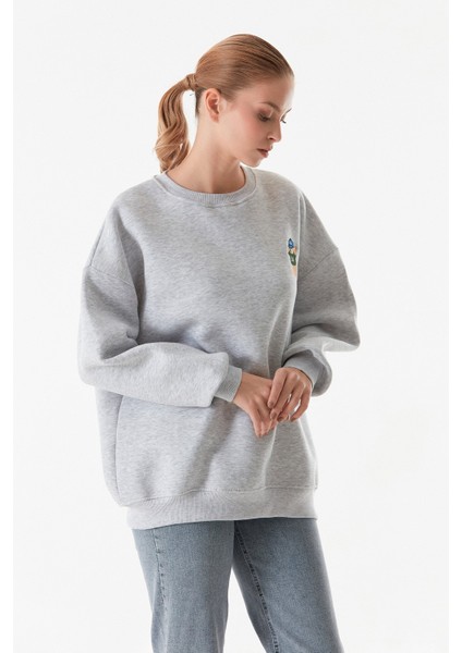 3 Iplik Ayıcık Nakışlı Bisiklet Yaka Oversize Sweatshirt