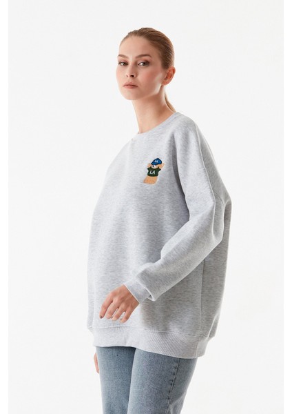 3 Iplik Ayıcık Nakışlı Bisiklet Yaka Oversize Sweatshirt