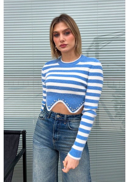 Kadın Çizgili Crop Kazak 6611 fiyatları