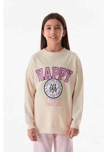 Happy Yazı Baskılı Bisiklet Yaka Kız Çocuk Sweatshirt