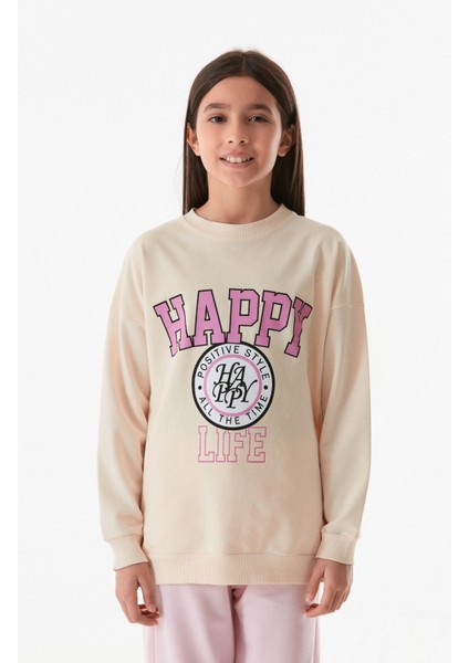 Happy Yazı Baskılı Bisiklet Yaka Kız Çocuk Sweatshirt