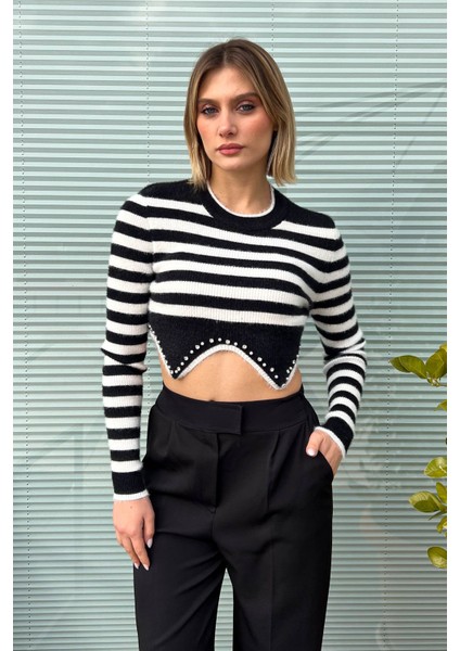 Kadın Çizgili Crop Kazak 6611