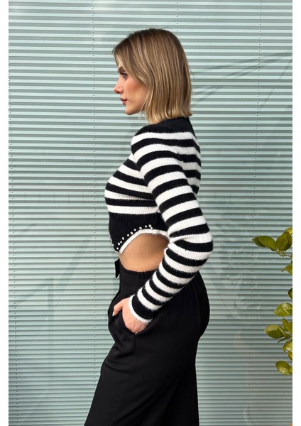 Kadın Çizgili Crop Kazak 6611 modelleri