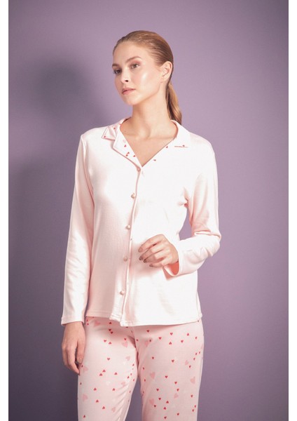 Kalp Desenli Gömlek Yaka 2 Li Pijama Takımı