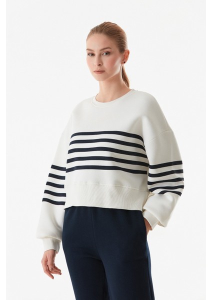 Çizgili Bisiklet Yaka Oversize Sweatshirt